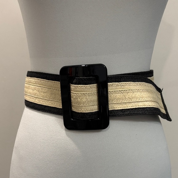 ZARA Woven Belt Black Cream Wide Stretch Statement Buckle Classic Chic - Picture 2 of 15